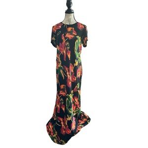 Carole Little Floral Maxi Dress Black Painterly Print Rayon 10/Medium Made USA